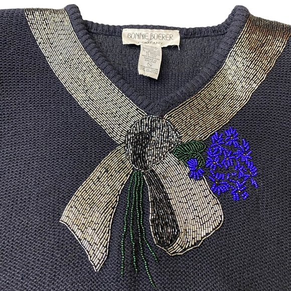 VINTAGE Bonnie Boerer Sweater Size M Navy Silver Embellished 80s Holiday knit - Picture 6 of 16